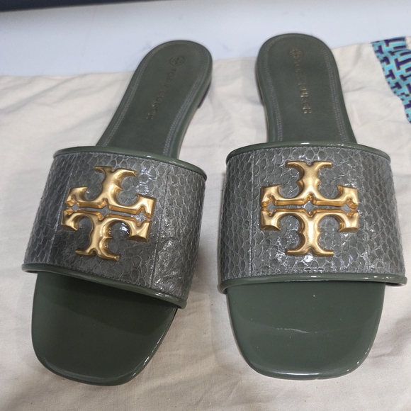 Tory Burch Eleanor Olive and Gold Slide Sandals Double T Square Open Toe Size 11 - Picture 2 of 6